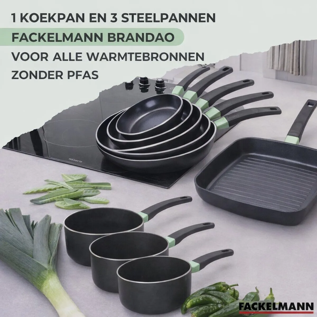 Set van 1 koekenpan van 16 cm en 3 kookpannen van 16, 18 en 20 cm Fackelmann Brandao van Fackelmann in Zwart, Groen – productfoto