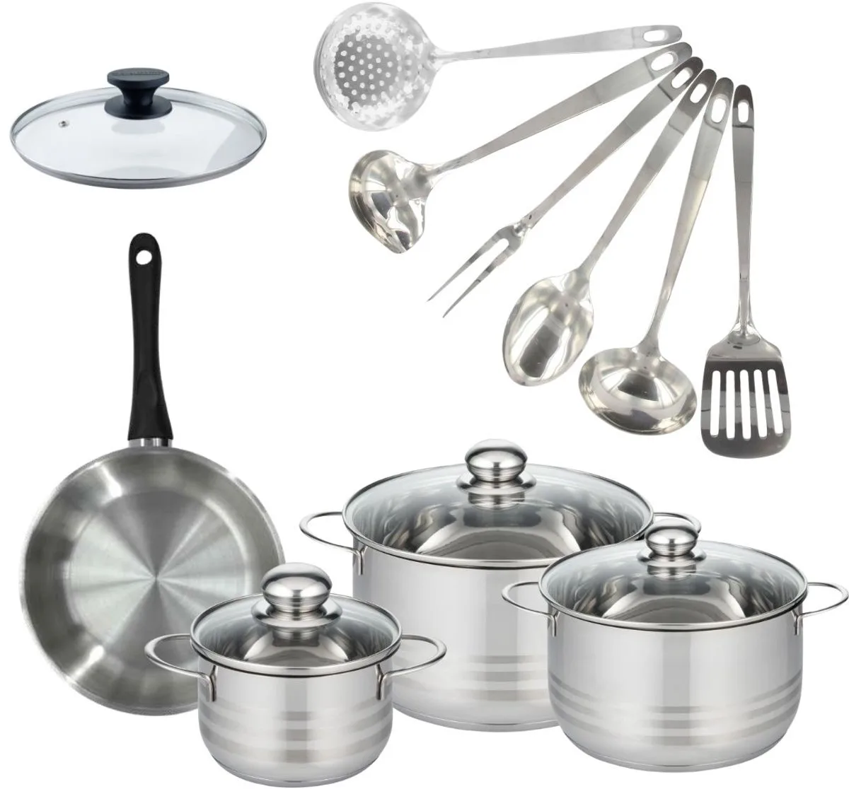 Set van 1 pan 20 cm roestvrij staal, glazen deksel, 3 roestvrijstalen kookpotten 16, 20 en 24 cm en 6 roestvrijstalen keukengerei Fackelmann Geneva von Fackelmann in Roestvrij staal, Schwarz – Produktfoto