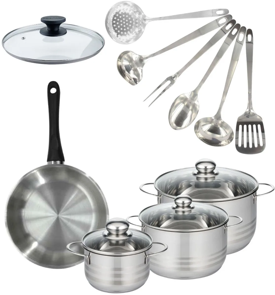 Set van 1 pan 24 cm roestvrij staal, glazen deksel, 3 roestvrijstalen kookpotten 16, 20 en 24 cm en 6 roestvrijstalen keukengerei Fackelmann Geneva von Fackelmann in Roestvrij staal, Schwarz – Produktfoto