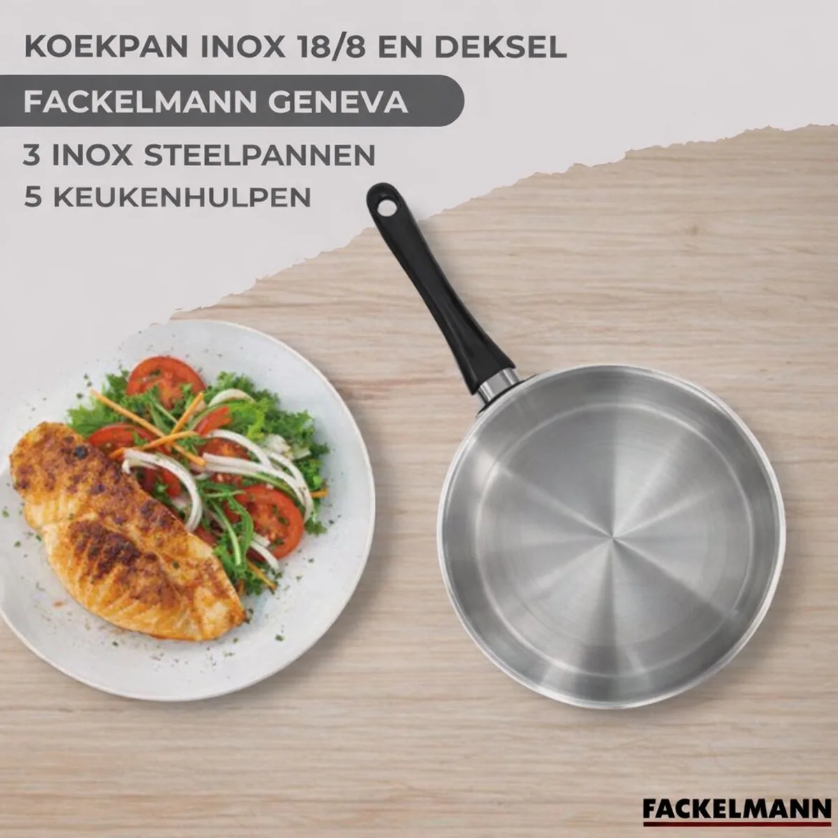 Set van 1 pan 28 cm roestvrij staal, glazen deksel, 3 roestvrijstalen kookpotten 16, 20 en 24 cm en 6 roestvrijstalen keukengerei Fackelmann Geneva fra Fackelmann i Roestvrij staal, Sort – produktbillede