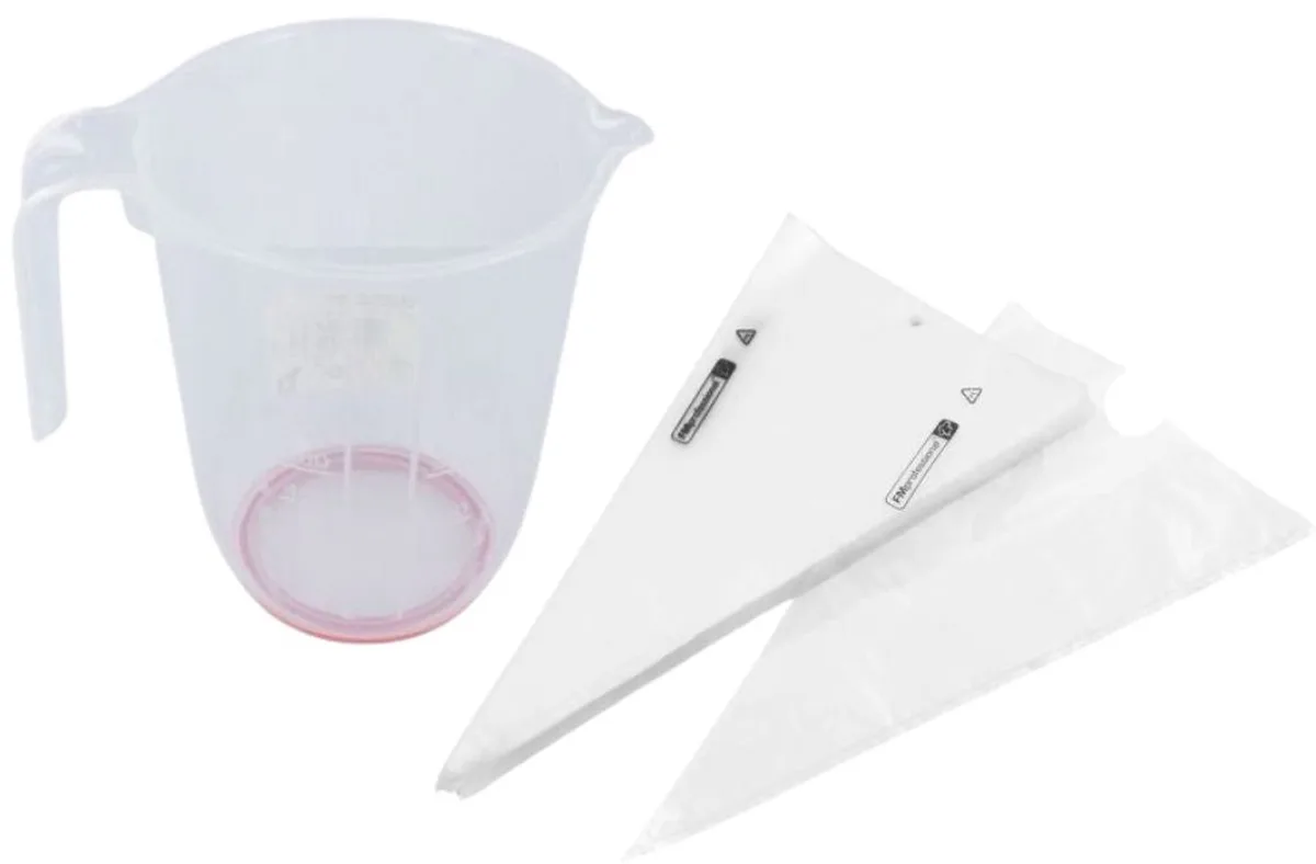 Set van 100 wegwerp professionele spuitzakken 50 cm en doorzichtige maatbeker van plastic 1 liter FM Professional de Fackelmann en Transparent – photo produit
