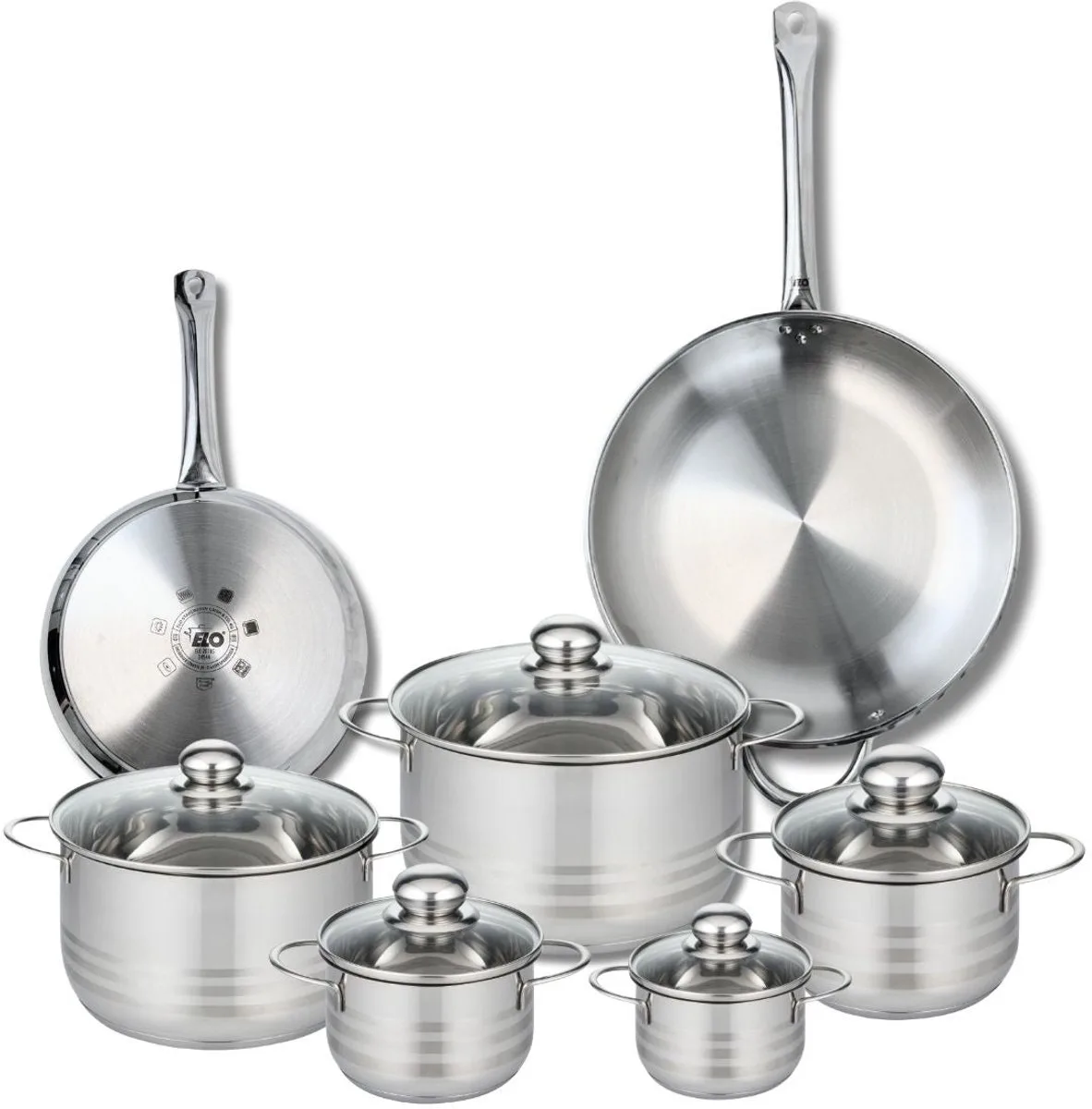 Set van 2 Bakpannen 24 en 32 cm en 5 Kookpotten 12, 14, 16, 20 en 24 cm Elo Profi Brillant von Fackelmann in Grau – Produktfoto