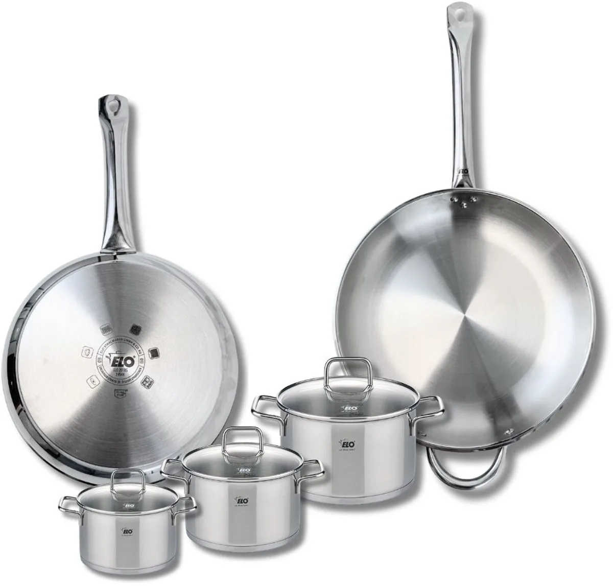 Set van 2 Bakpannen 28 en 32 cm en 3 Kookpotten 12, 14 en 16 cm Elo Profi Citrin fra Fackelmann i Roestvrij staal – produktbillede