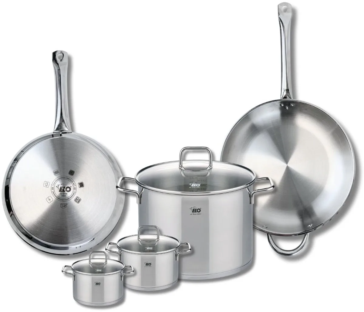 Set van 2 Bakpannen 28 en 32 cm en 3 Kookpotten 12, 14 en 26 cm Elo Profi Citrin van Fackelmann in Roestvrij staal – productfoto