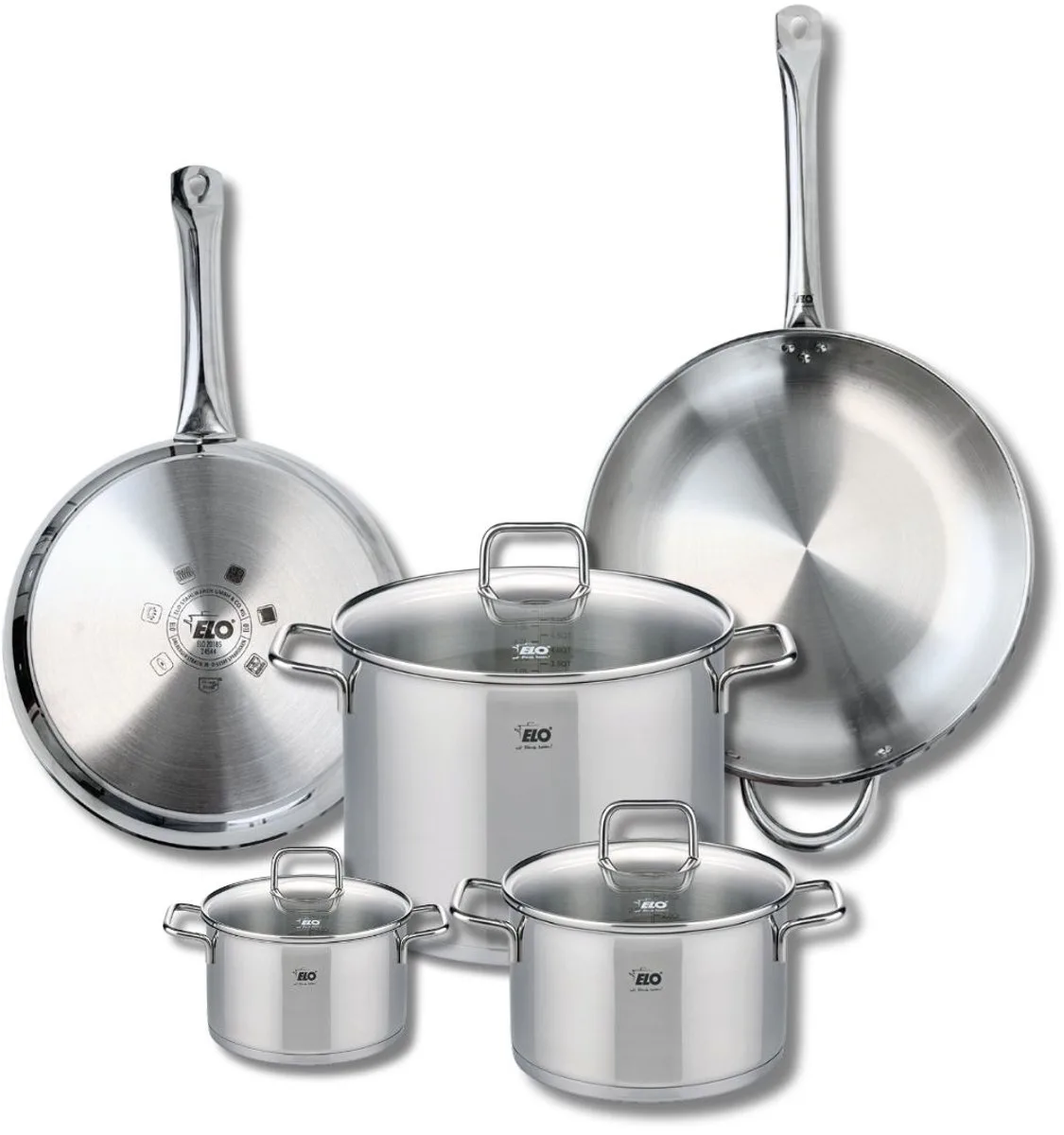 Set van 2 Bakpannen 28 en 32 cm en 3 Kookpotten 14, 20 en 26 cm Elo Profi Citrin von Fackelmann in Roestvrij staal – Produktfoto