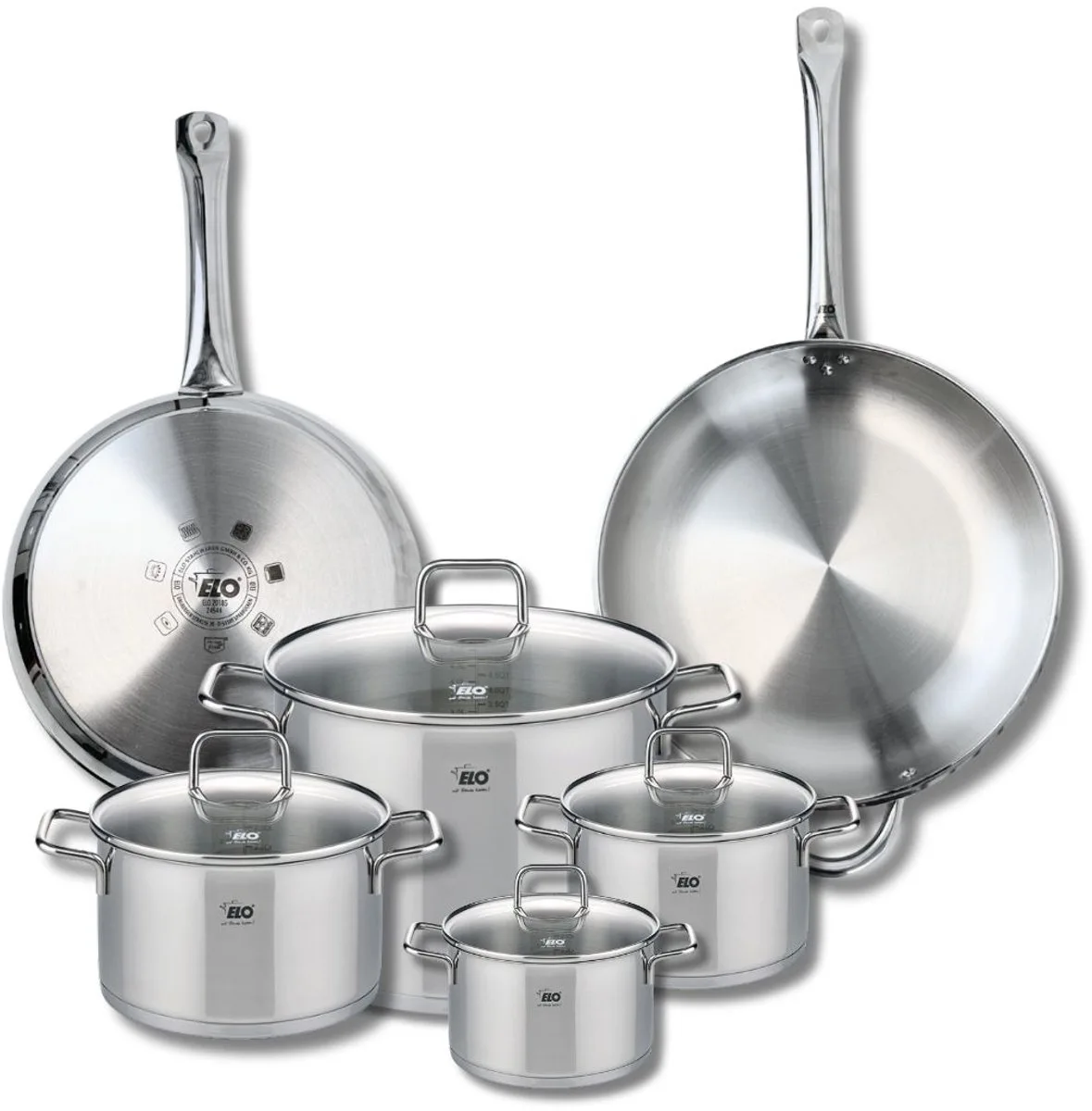 Set van 2 Bakpannen 28 en 32 cm en 4 Kookpotten 14, 16, 20 en 26 cm Elo Profi Citrin von Fackelmann in Roestvrij staal – Produktfoto