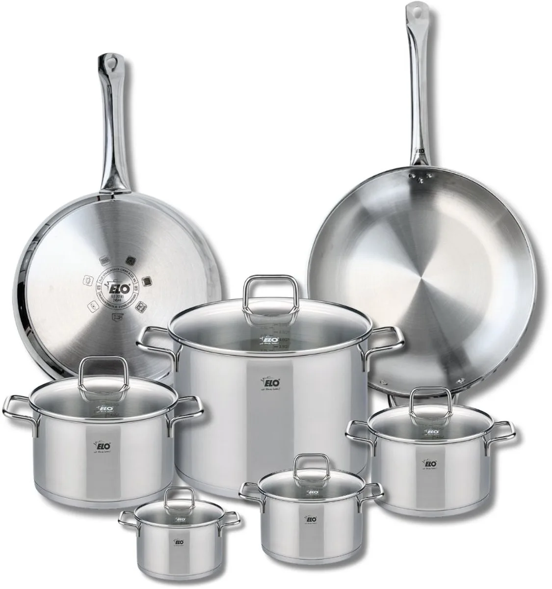 Set van 2 Bakpannen 28 en 32 cm en 5 Kookpotten 12, 14, 16, 20 en 26 cm Elo Profi Citrin de Fackelmann en Roestvrij staal – photo produit