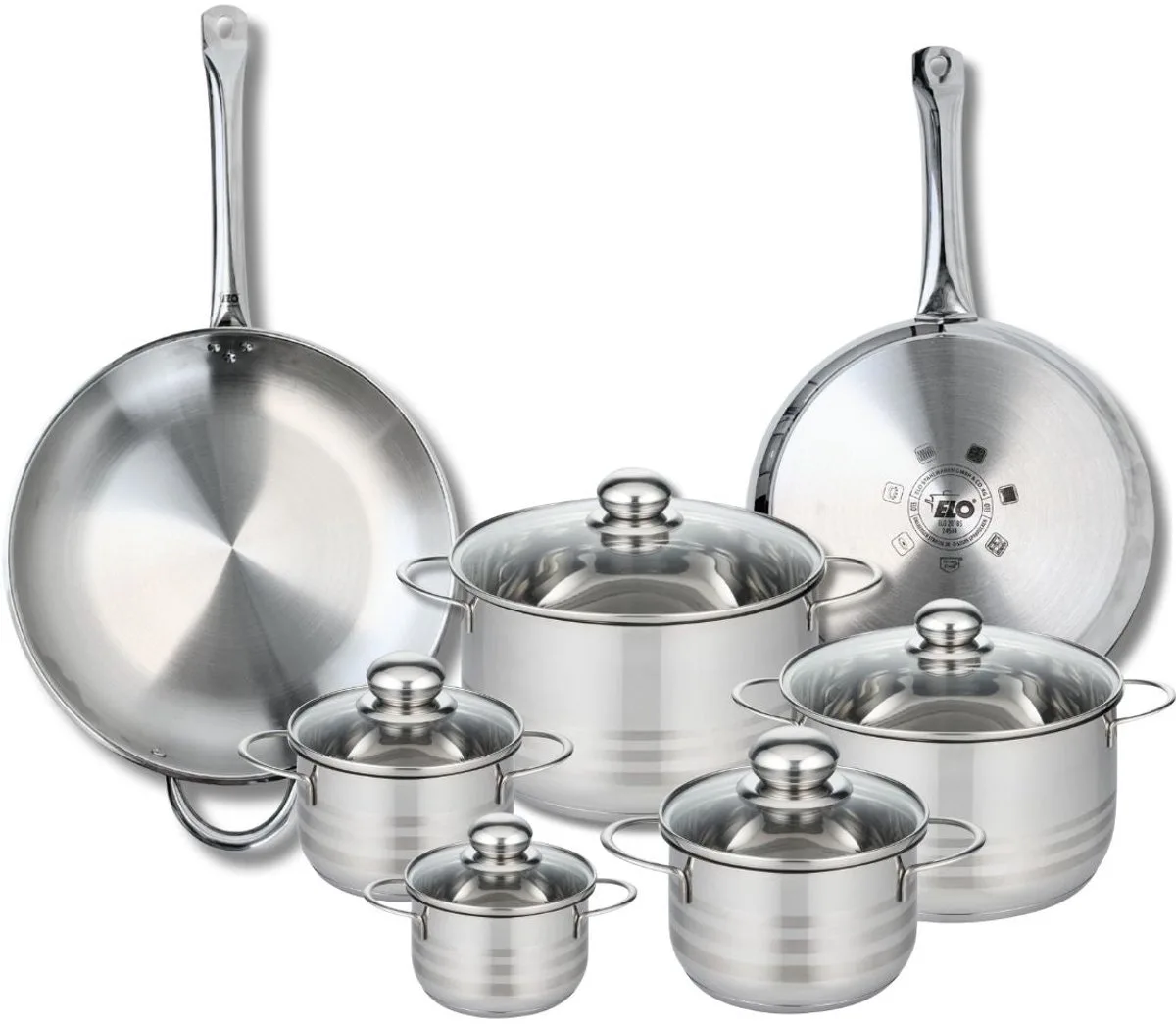 Set van 2 Bakpannen 28 en 32 cm en 5 Kookpotten 12, 14, 16, 20 en 24 cm Elo Profi Brillant von Fackelmann in Roestvrij staal – Produktfoto