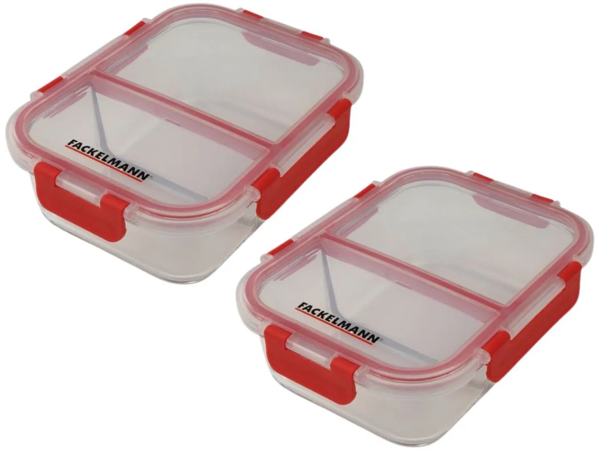 Set van 2 glazen lunchboxen met twee vakken 1000 ml Fackelmann Move de Fackelmann en Rouge, Transparent – photo produit
