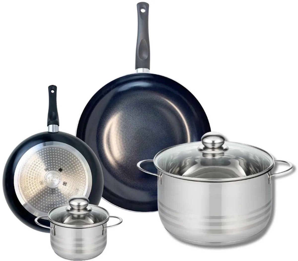 Set van 2 Koekenpannen 20 en 28 cm en 2 Kookpotten 12 en 24 cm Elo Prima Glanzend von Fackelmann in Schwarz – Produktfoto