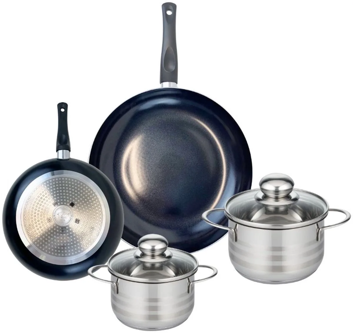 Set van 2 Koekenpannen 20 en 28 cm en 2 kookpotten 14 en 16 cm Elo Prima Glanzend van Fackelmann in Zwart – productfoto
