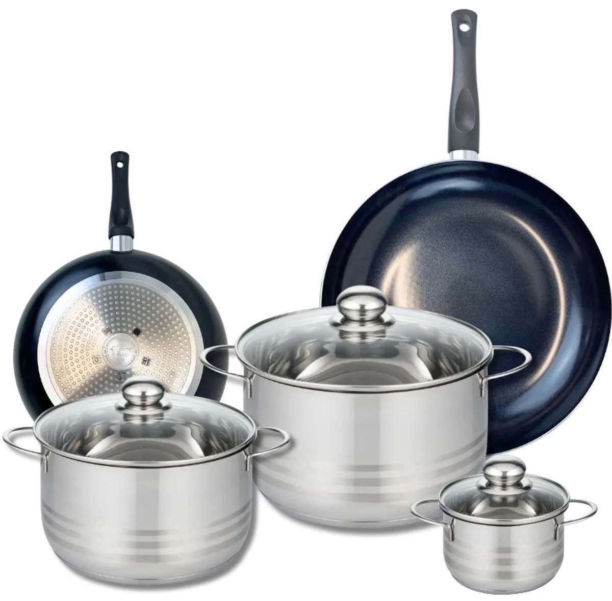 Set van 2 Koekenpannen 20 en 28 cm en 3 kookpotten 12, 20 en 24 cm Elo Prima Glanzend de Fackelmann en Noir – photo produit
