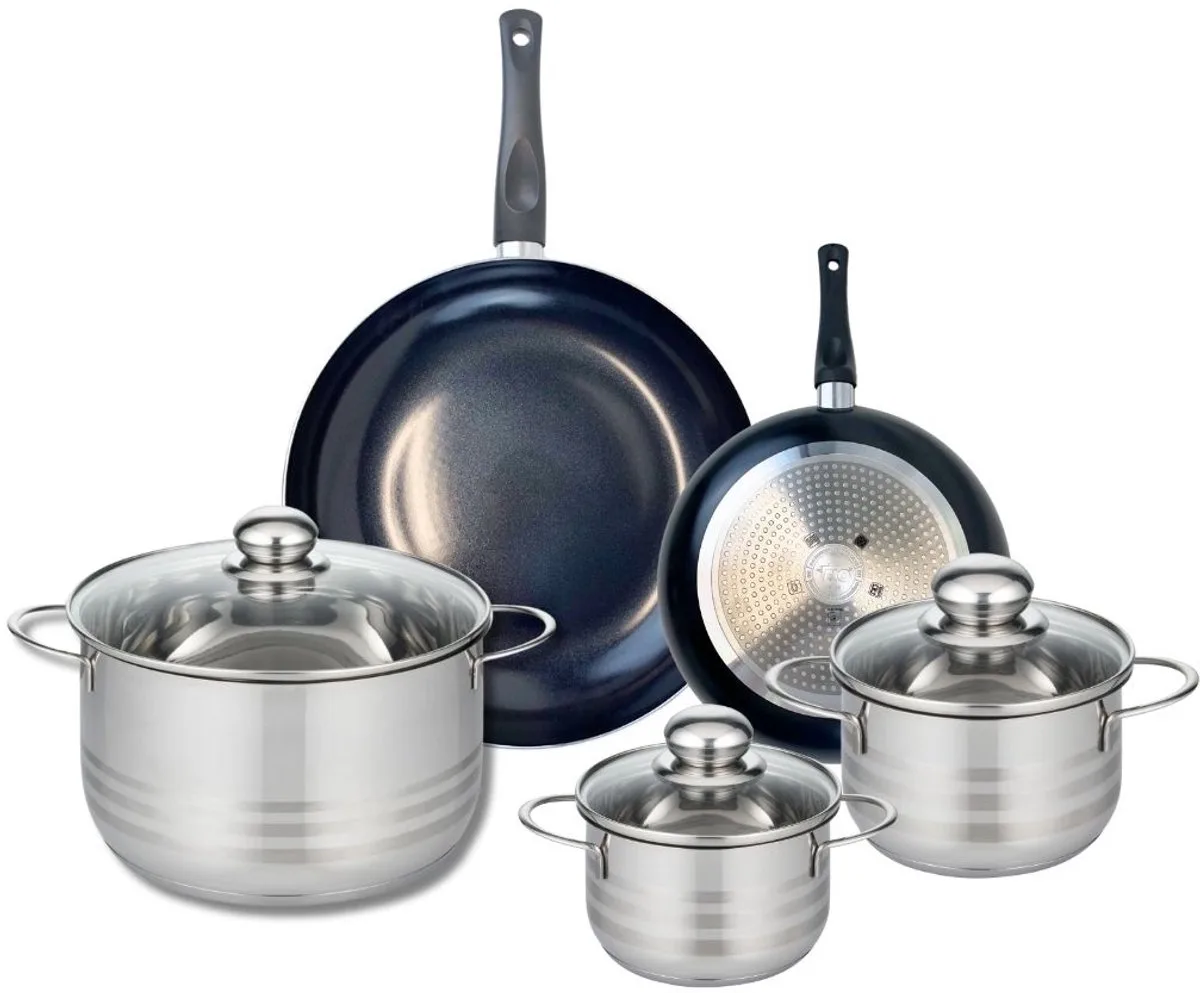 Set van 2 Koekenpannen 20 en 28 cm en 3 kookpotten 14, 16 en 24 cm Elo Prima Glanzend von Fackelmann in Schwarz – Produktfoto
