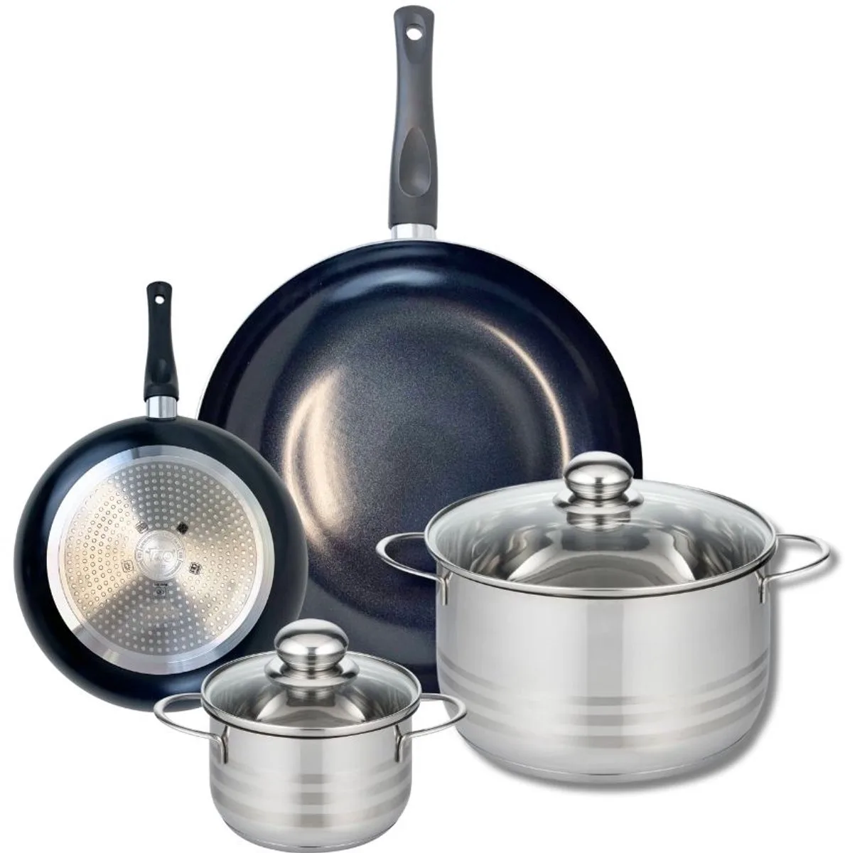Set van 2 Koekenpannen 20 en 32 cm en 2 Kookpannen 14 en 24 cm Elo Prima Glanzend från Fackelmann i Svart – produktbild