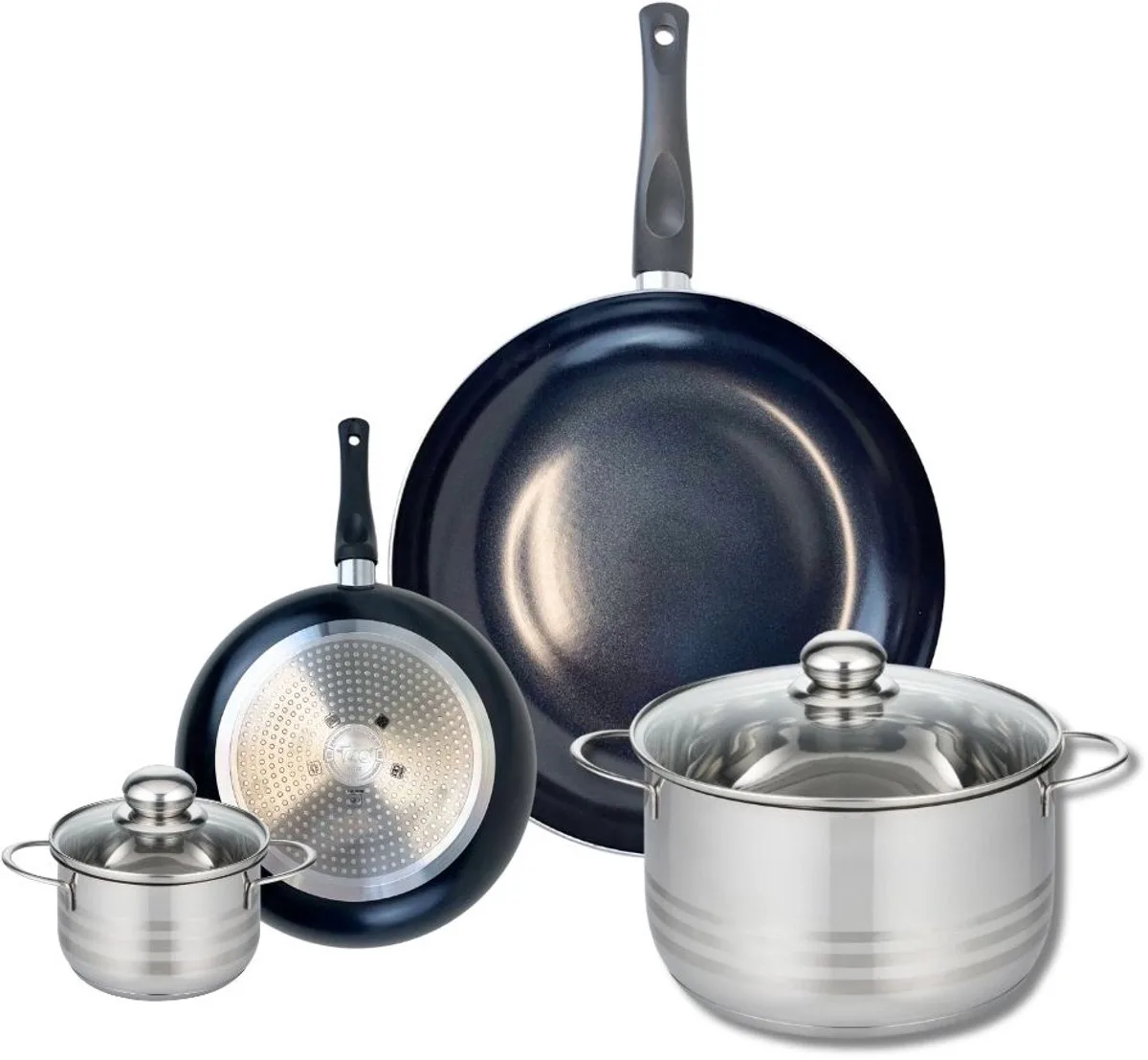 Set van 2 Koekenpannen 20 en 32 cm en 2 kookpotten 12 en 24 cm Elo Prima Glanzend van Fackelmann in Zwart – productfoto