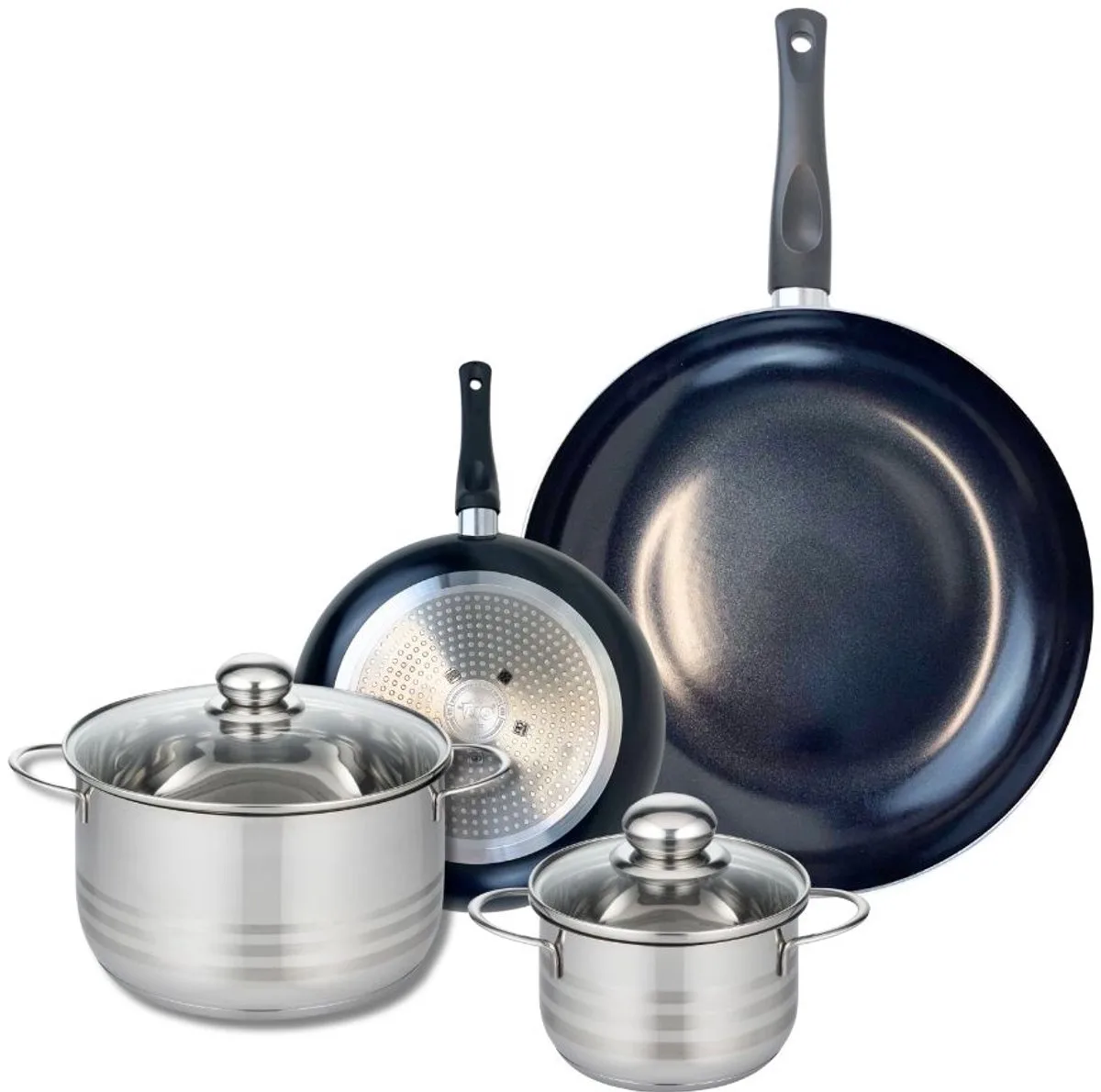 Set van 2 Koekenpannen 20 en 32 cm en 2 kookpotten 14 en 20 cm Elo Prima Glanzend van Fackelmann in Zwart – productfoto