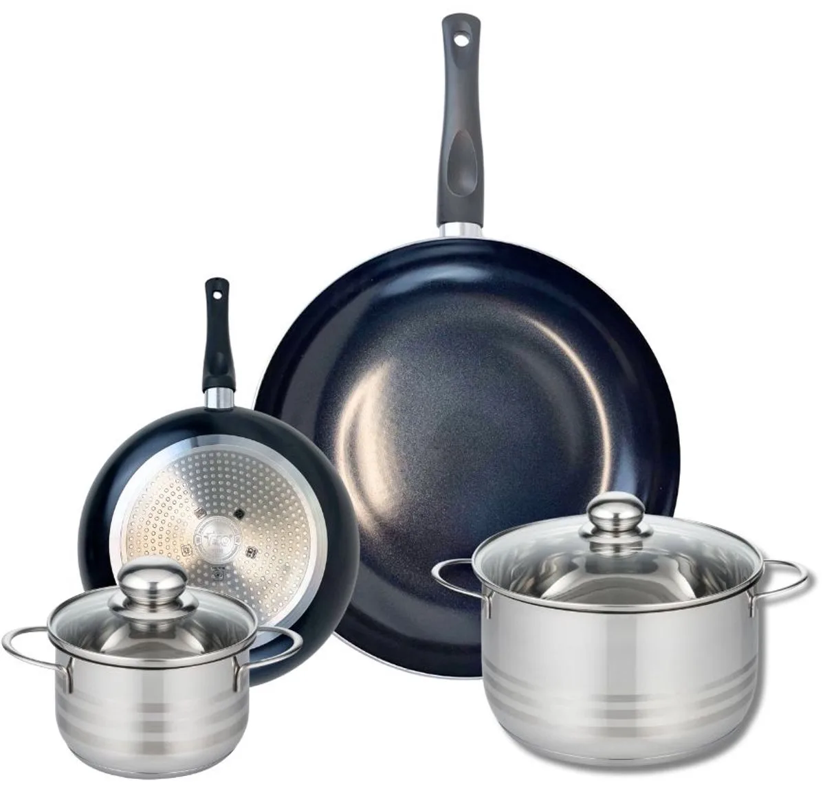 Set van 2 Koekenpannen 20 en 32 cm en 2 kookpotten 16 en 20 cm Elo Prima Glanzend van Fackelmann in Zwart – productfoto
