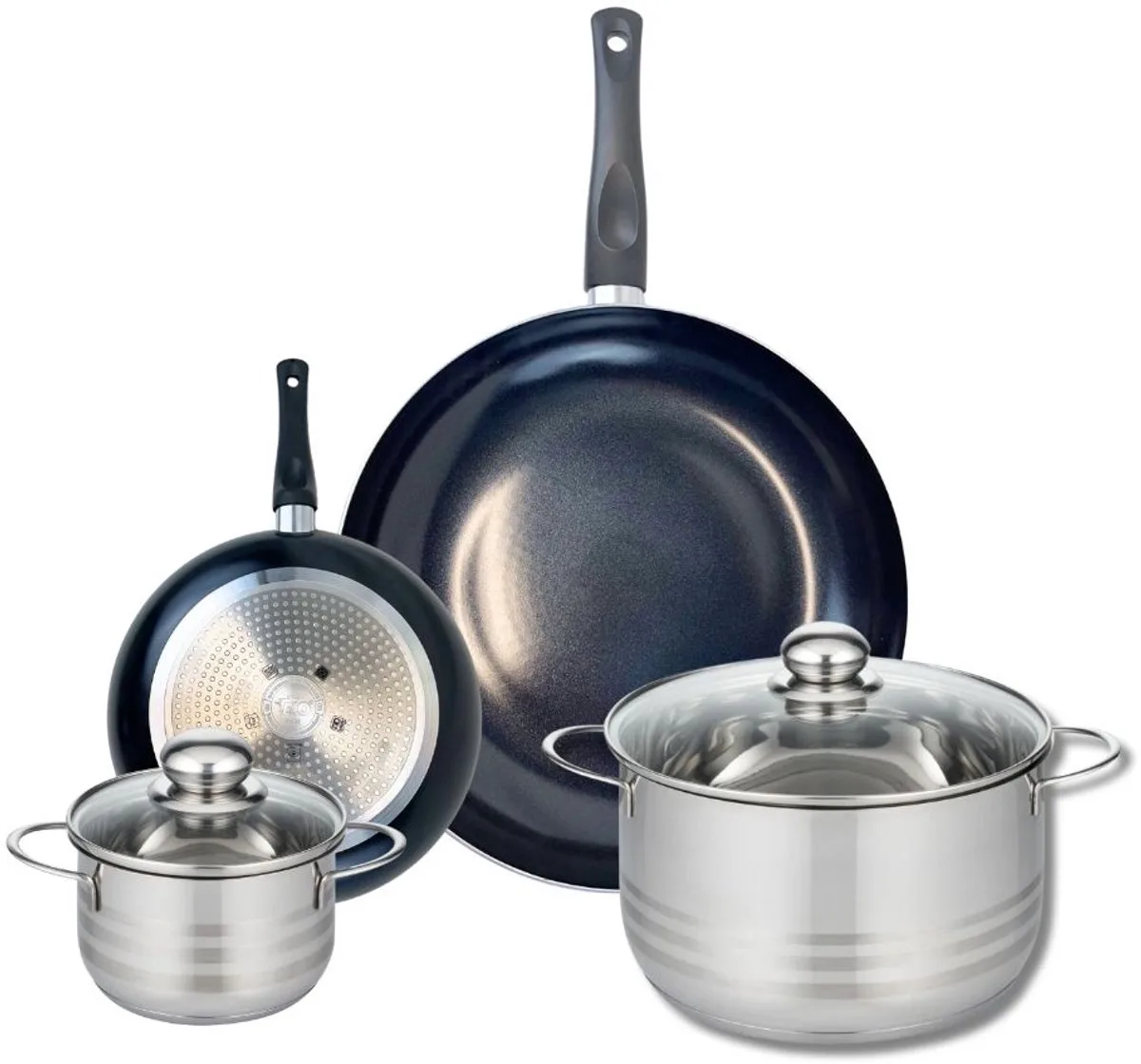 Set van 2 Koekenpannen 20 en 32 cm en 2 Kookpotten 16 en 24 cm Elo Prima Glanzend van Fackelmann in Zwart – productfoto