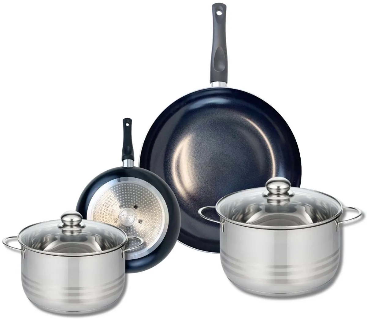 Set van 2 Koekenpannen 20 en 32 cm en 2 kookpotten 20 en 24 cm Elo Prima Glanzend van Fackelmann in Zwart – productfoto