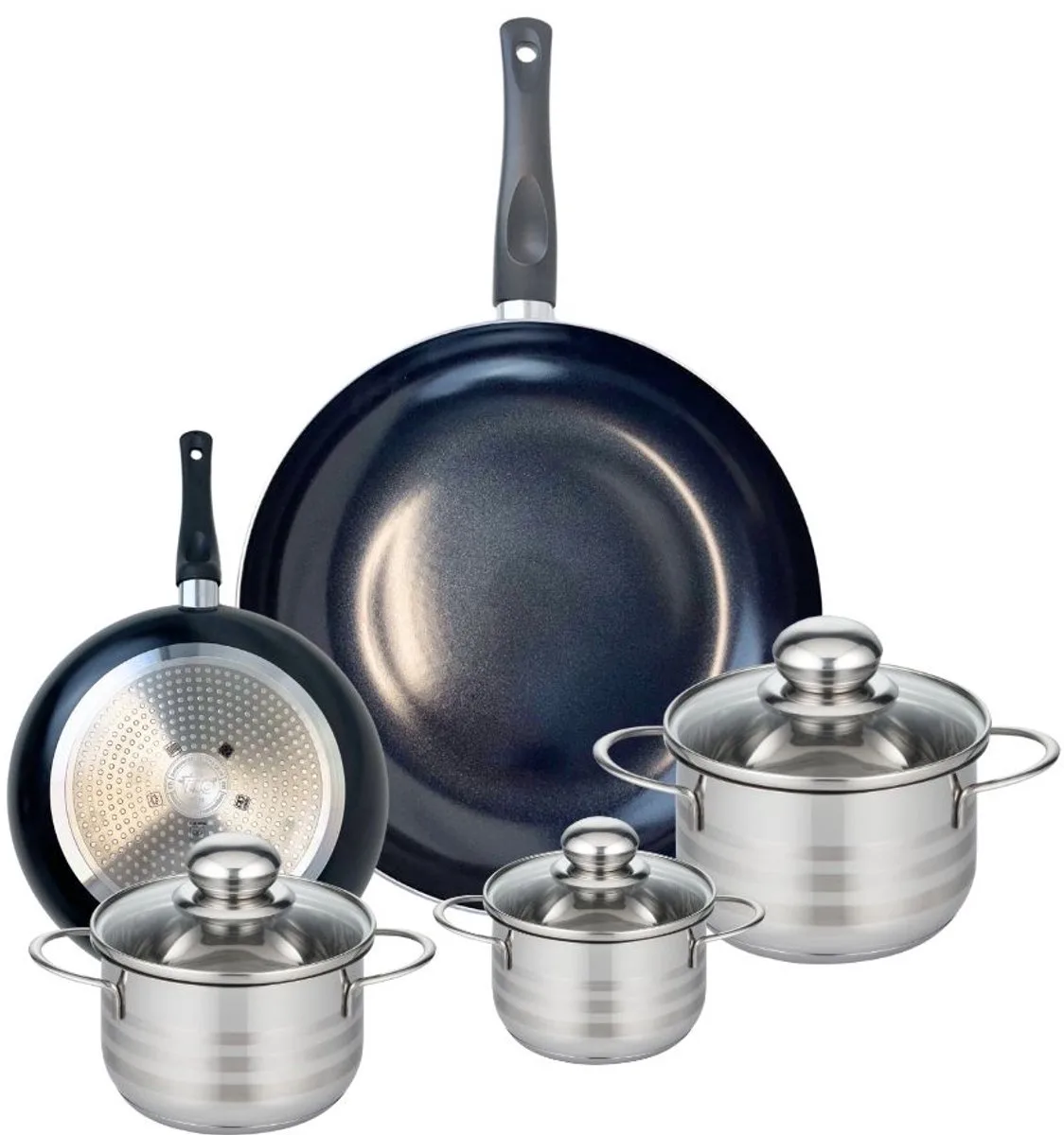 Set van 2 Koekenpannen 20 en 32 cm en 3 kookpotten 12, 14 en 16 cm Elo Prima Glanzend von Fackelmann in Schwarz – Produktfoto