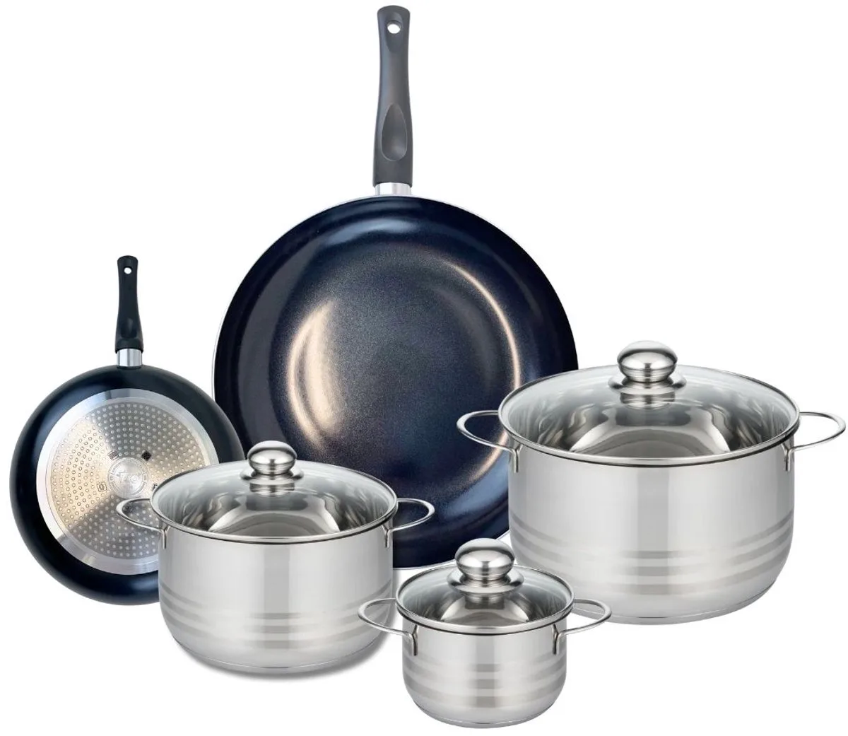 Set van 2 Koekenpannen 20 en 32 cm en 3 Kookpotten 14, 20 en 24 cm Elo Prima Glanzend van Fackelmann in Zwart – productfoto