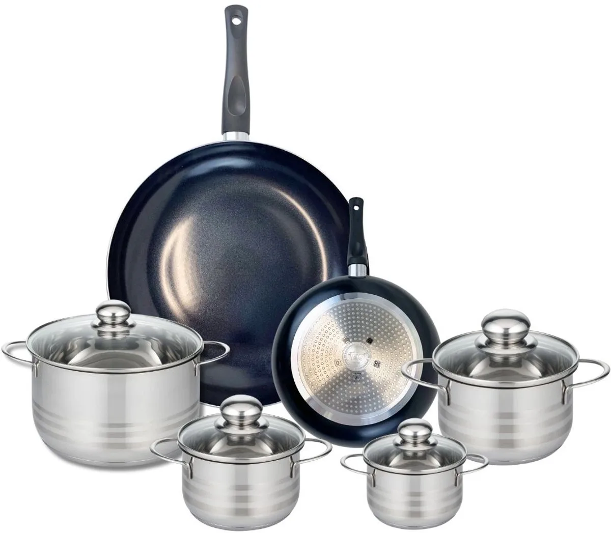 Set van 2 Koekenpannen 20 en 32 cm en 4 kookpotten 12, 14, 16 en 20 cm Elo Prima Glanzend van Fackelmann in Zwart – productfoto