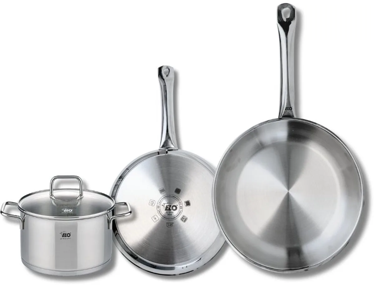 Set van 2 Koekenpannen 24 en 28 cm en 1 kookpan 16 cm Elo Profi Citrin de Fackelmann en Gris – photo produit