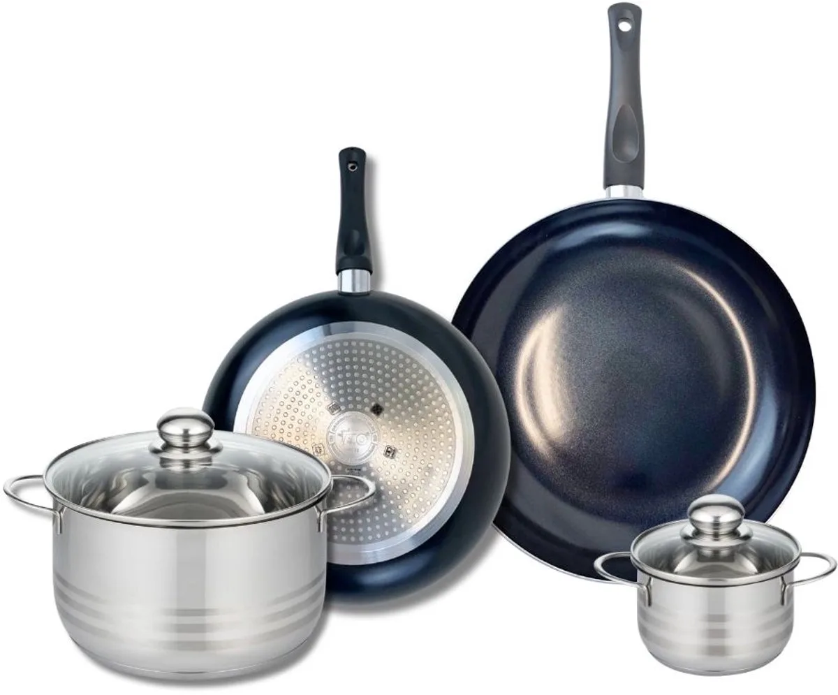 Set van 2 Koekenpannen 24 en 28 cm en 2 Kookpotten 12 en 20 cm Elo Prima Glanzend von Fackelmann in Schwarz – Produktfoto