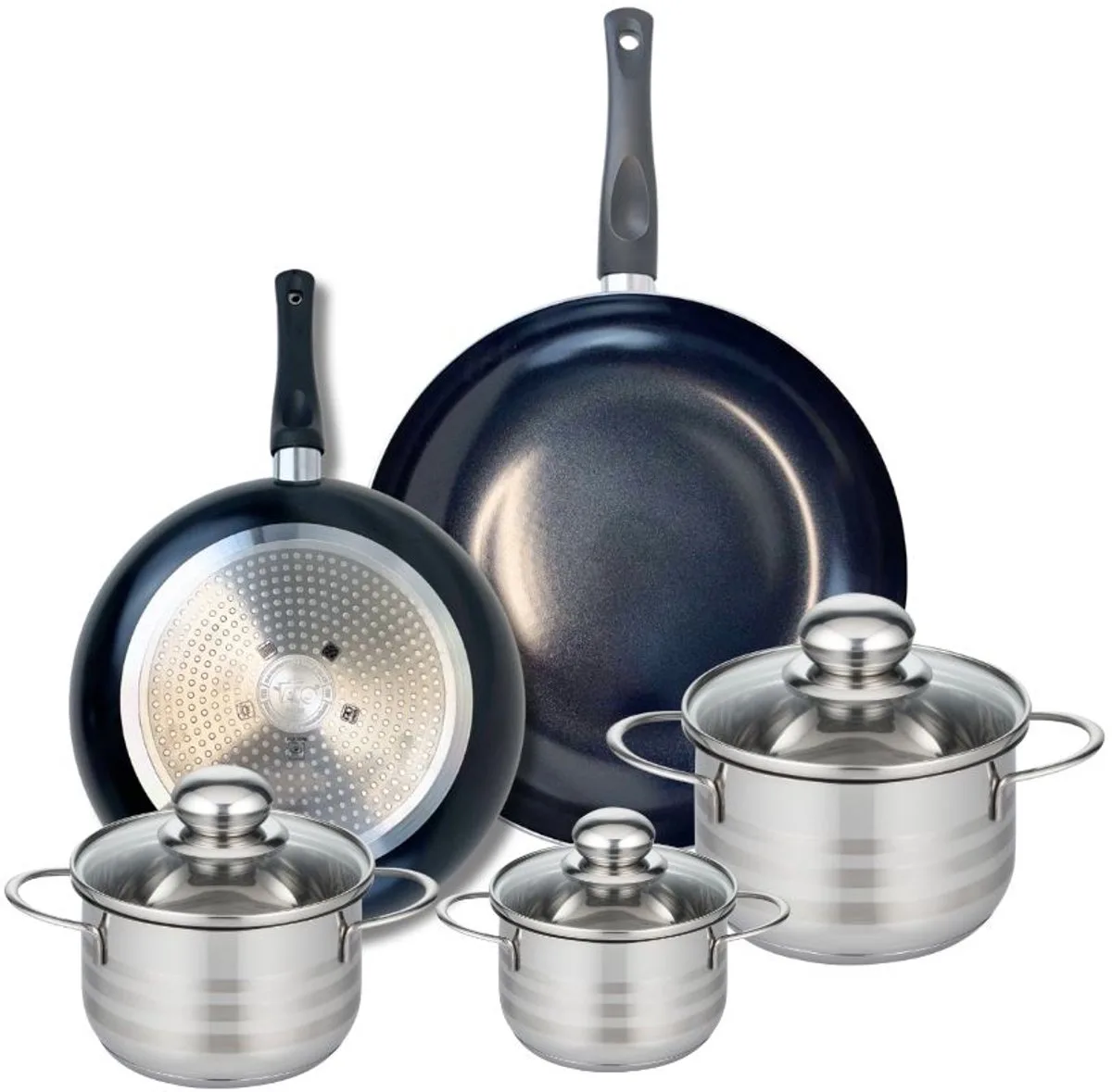 Set van 2 Koekenpannen 24 en 28 cm en 3 kookpotten 12, 14 en 16 cm Elo Prima Glanzend van Fackelmann in Zwart – productfoto