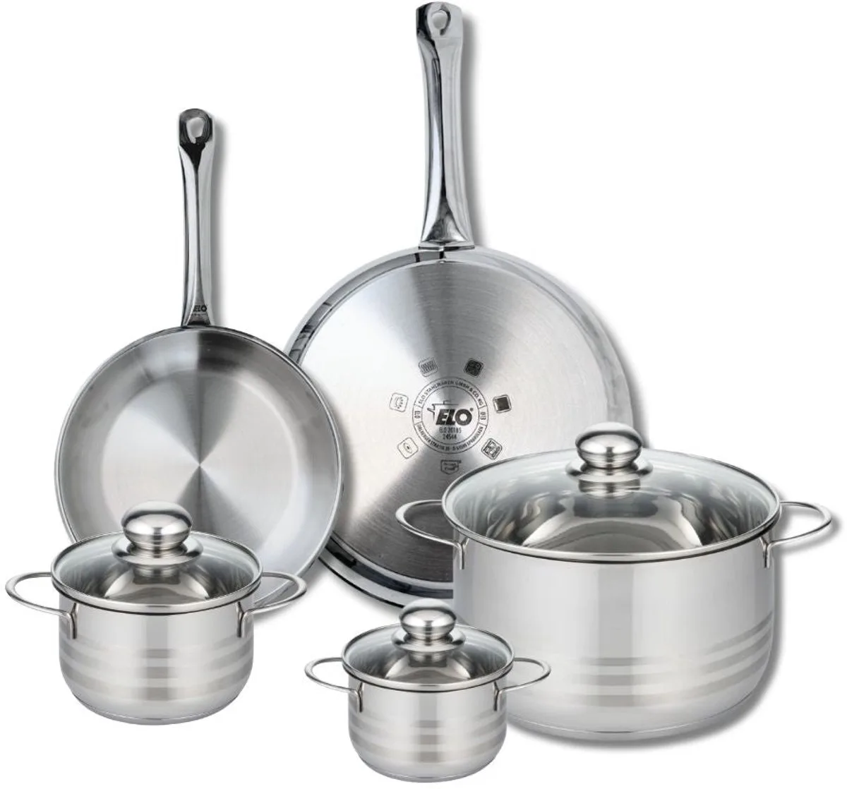 Set van 2 Koekenpannen 24 en 28 cm en 3 Kookpotten 12, 14 en 24 cm Elo Profi Brillant van Fackelmann in Grijs – productfoto