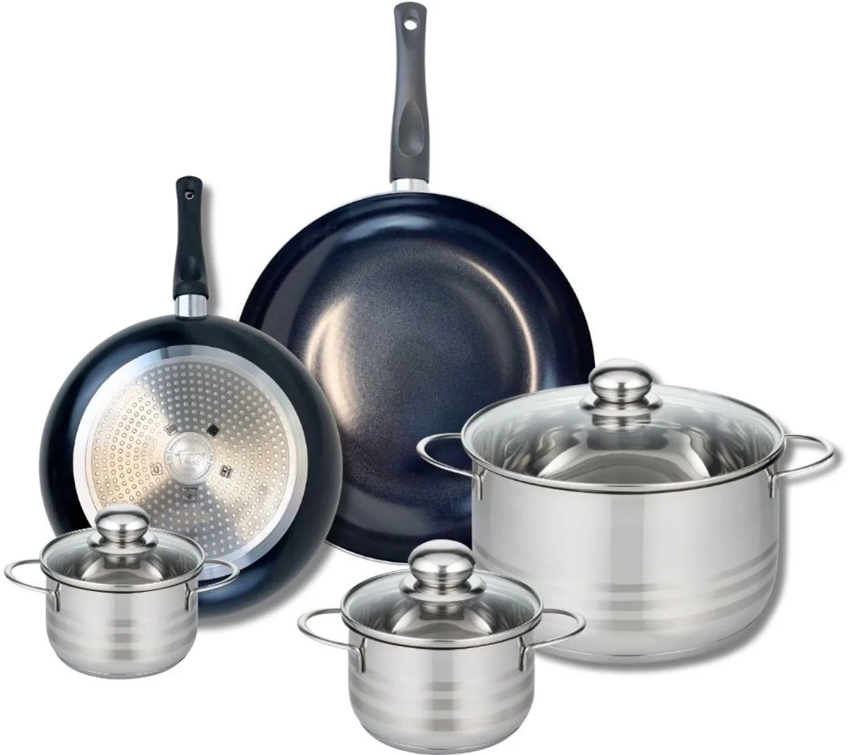 Set van 2 Koekenpannen 24 en 28 cm en 3 Kookpotten 12, 14 en 24 cm Elo Prima Glanzend van Fackelmann in Zwart – productfoto