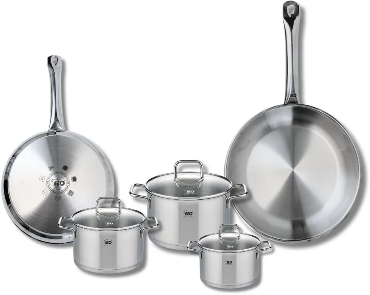 Set van 2 Koekenpannen 24 en 28 cm en 3 kookpotten 12, 14 en 16 cm Elo Profi Citrin van Fackelmann in Grijs – productfoto