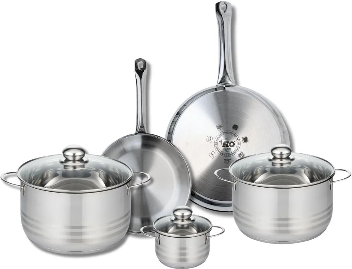 Set van 2 Koekenpannen 24 en 28 cm en 3 Kookpotten 12, 20 en 24 cm Elo Profi Brillant van Fackelmann in Grijs – productfoto