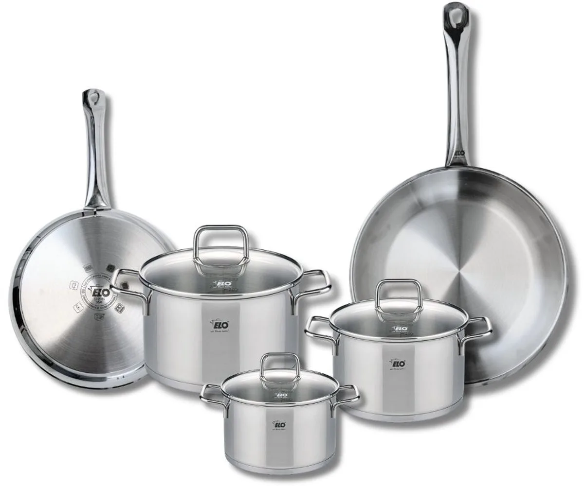 Set van 2 Koekenpannen 24 en 28 cm en 3 Kookpotten 14, 16 en 20 cm Elo Profi Citrin fra Fackelmann i Grå – produktbillede