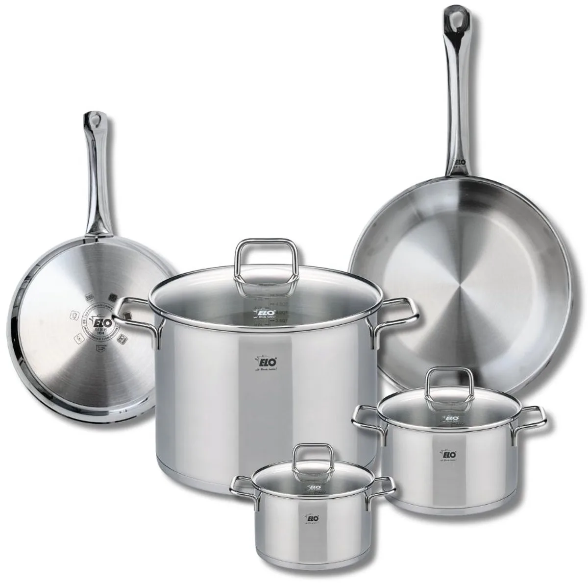 Set van 2 Koekenpannen 24 en 28 cm en 3 Kookpotten 14, 16 en 26 cm Elo Profi Citrin van Fackelmann in Grijs – productfoto