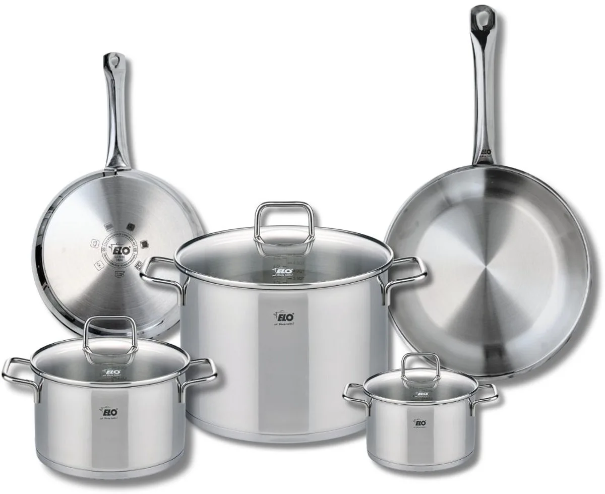 Set van 2 Koekenpannen 24 en 28 cm en 3 Kookpotten 14, 20 en 26 cm Elo Profi Citrin van Fackelmann in Grijs – productfoto