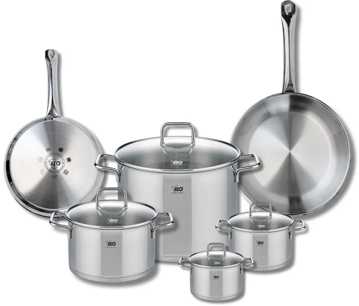 Set van 2 Koekenpannen 24 en 28 cm en 4 kookpotten 12, 14, 20 en 26 cm Elo Profi Citrin van Fackelmann in Grijs – productfoto