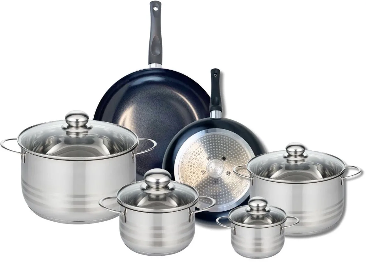Set van 2 Koekenpannen 24 en 28 cm en 4 kookpotten 12, 16, 20 en 24 cm Elo Prima Glanzend van Fackelmann in Zwart – productfoto