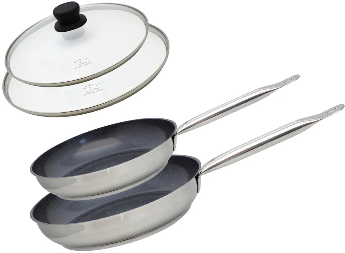 Set van 2 koekenpannen 24 en 28 cm keramiek zonder PFAS en 2 glazen deksels Profi Therm Platinum Elo från Fackelmann i Transparent, Svart, Grå – produktbild