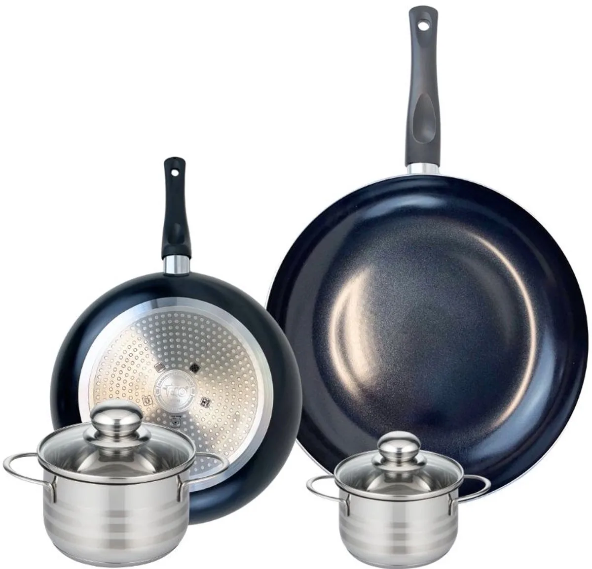 Set van 2 Koekenpannen 24 en 32 cm en 2 kookpotten 12 en 14 cm Elo Prima Glanzend de Fackelmann en Noir – photo produit