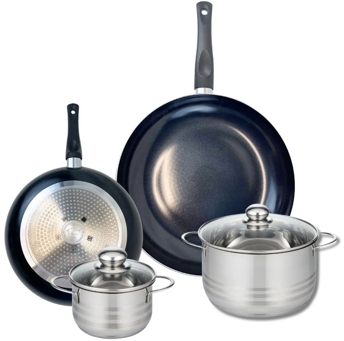 Set van 2 Koekenpannen 24 en 32 cm en 2 kookpotten 16 en 20 cm Elo Prima Glanzend von Fackelmann in Schwarz – Produktfoto