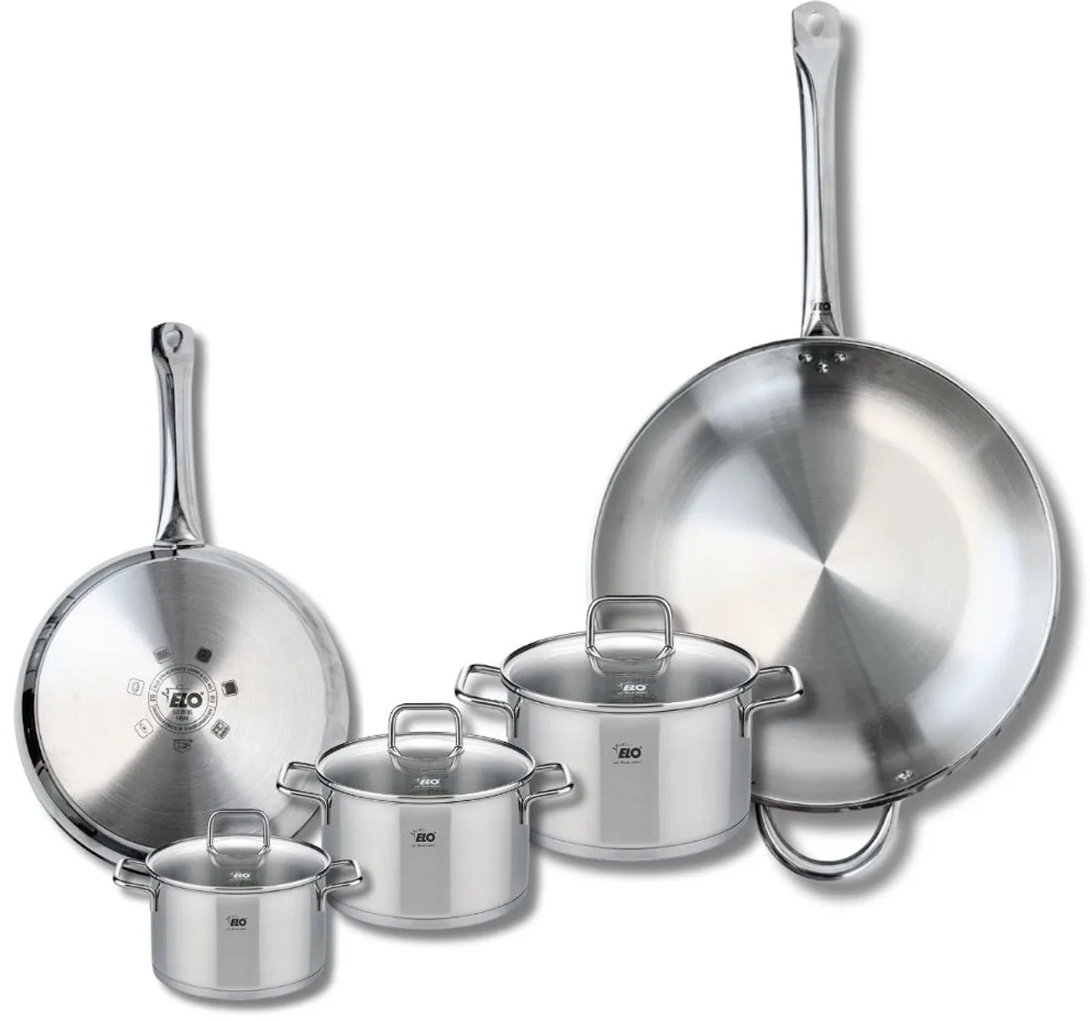 Set van 2 Koekenpannen 24 en 32 cm en 3 kookpotten 12, 14 en 16 cm Elo Profi Citrin de Fackelmann en Gris – photo produit