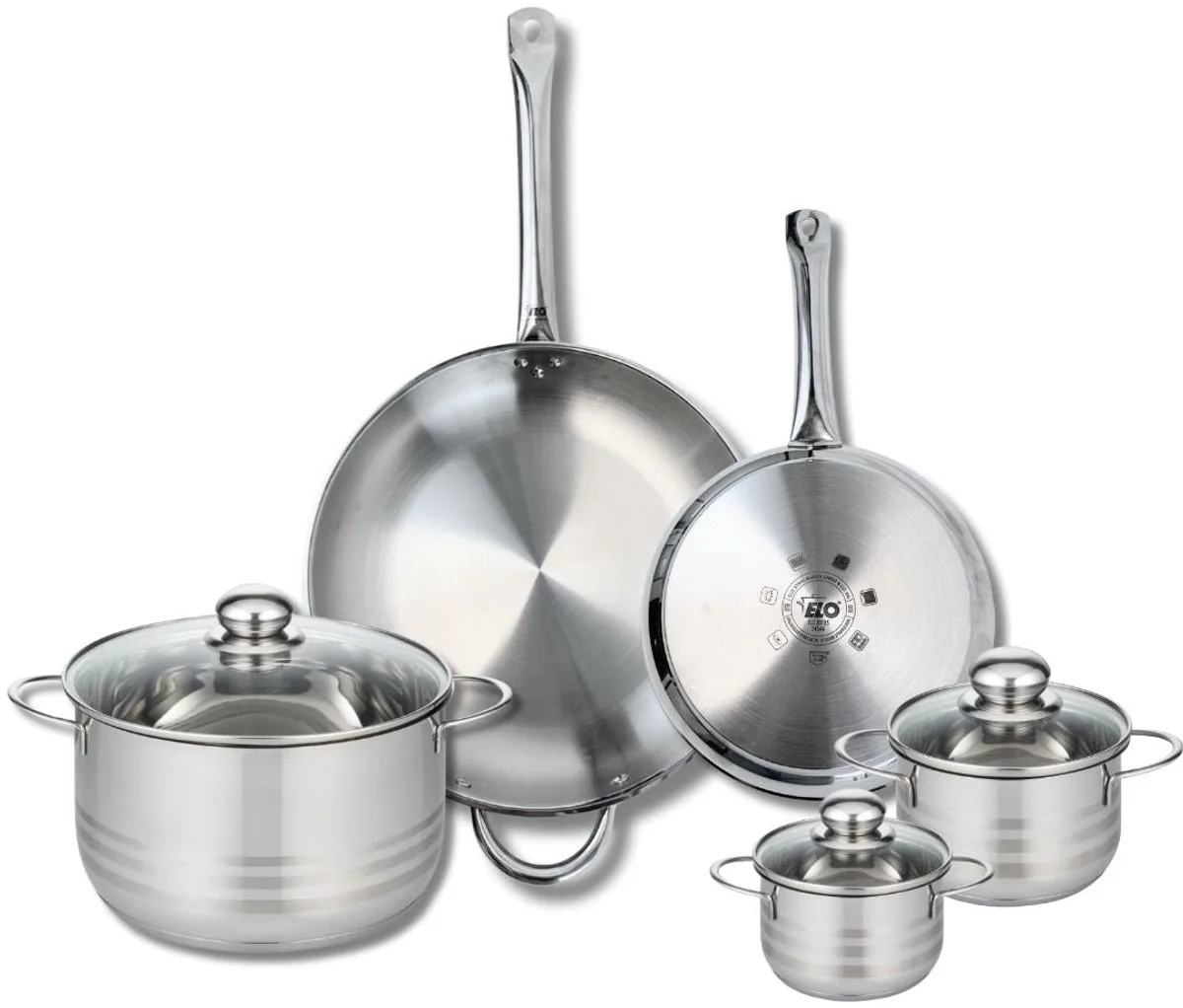Set van 2 Koekenpannen 24 en 32 cm en 3 Kookpotten 12, 14 en 24 cm Elo Profi Brillant van Fackelmann in Grijs – productfoto
