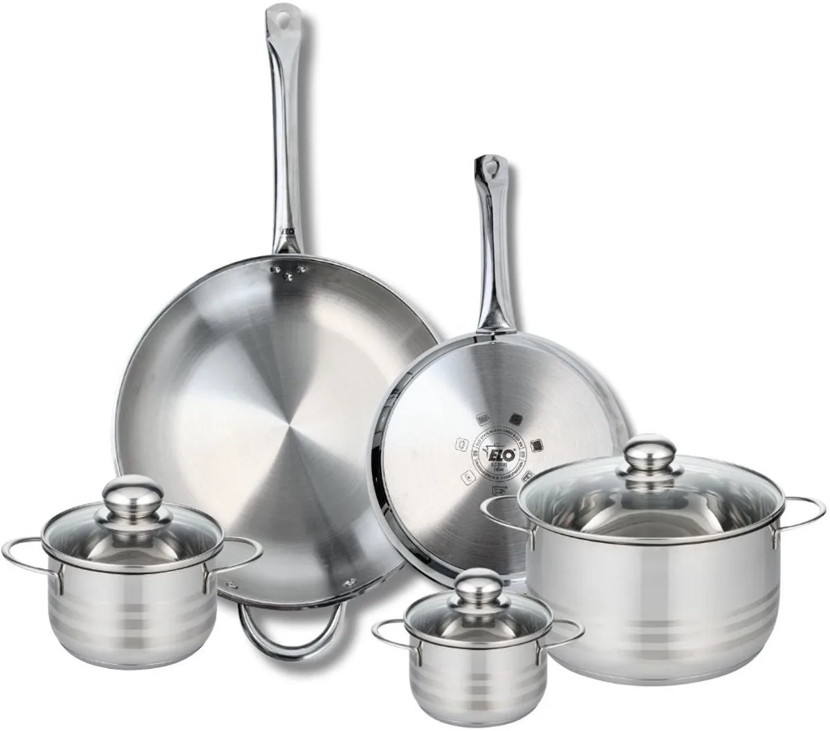Set van 2 Koekenpannen 24 en 32 cm en 3 kookpotten 12, 14 en 20 cm Elo Profi Brillant von Fackelmann in Grau – Produktfoto
