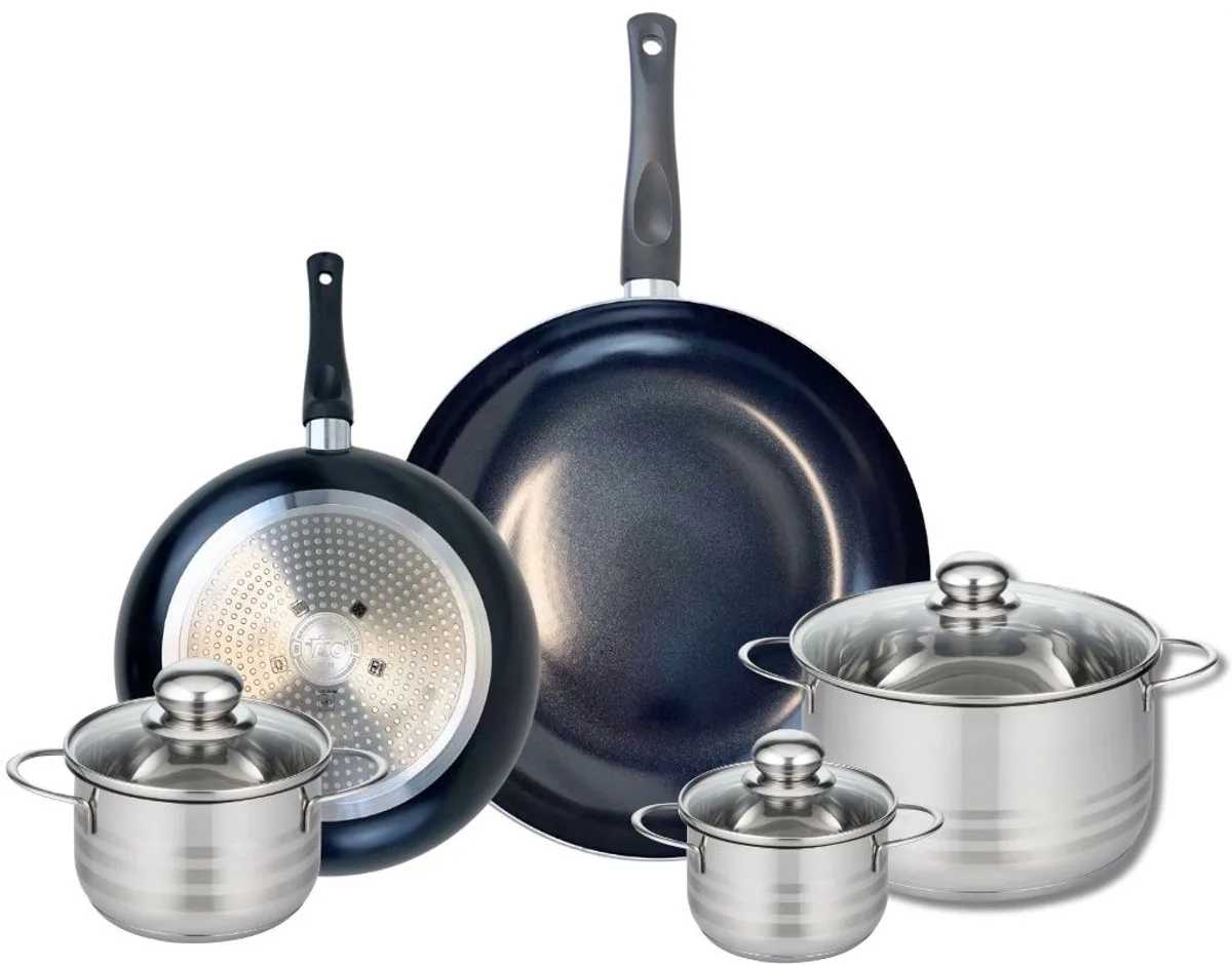 Set van 2 Koekenpannen 24 en 32 cm en 3 kookpotten 12, 14 en 20 cm Elo Prima Glanzend van Fackelmann in Zwart – productfoto