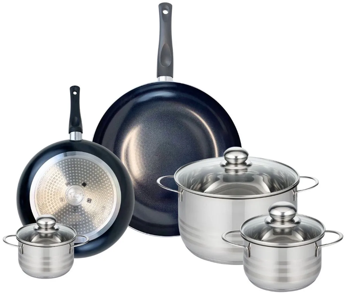 Set van 2 Koekenpannen 24 en 32 cm en 3 Kookpotten 12, 16 en 24 cm Elo Prima Glanzend von Fackelmann in Schwarz – Produktfoto