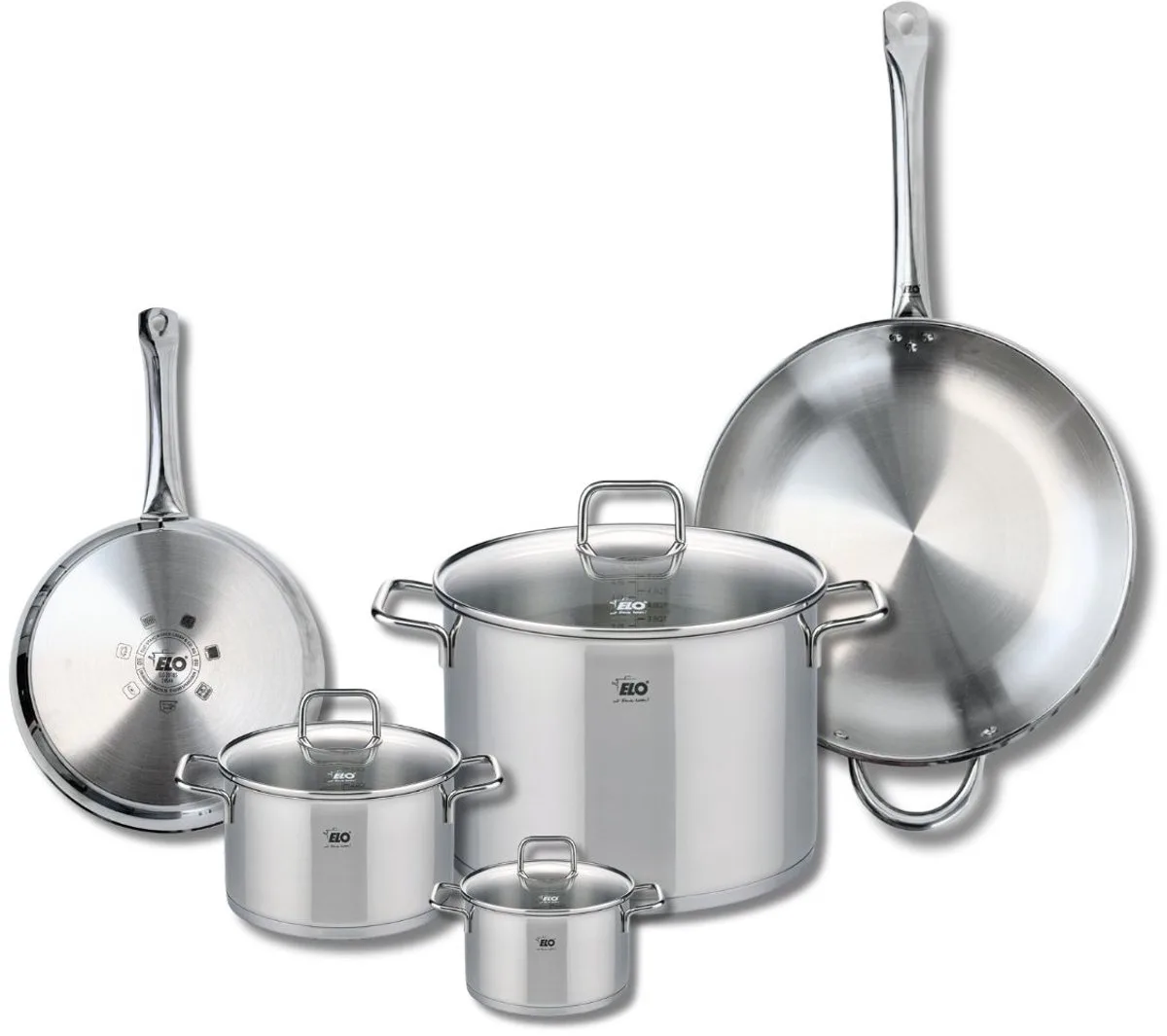 Set van 2 Koekenpannen 24 en 32 cm en 3 Kookpotten 12, 16 en 26 cm Elo Profi Citrin von Fackelmann in Grau – Produktfoto