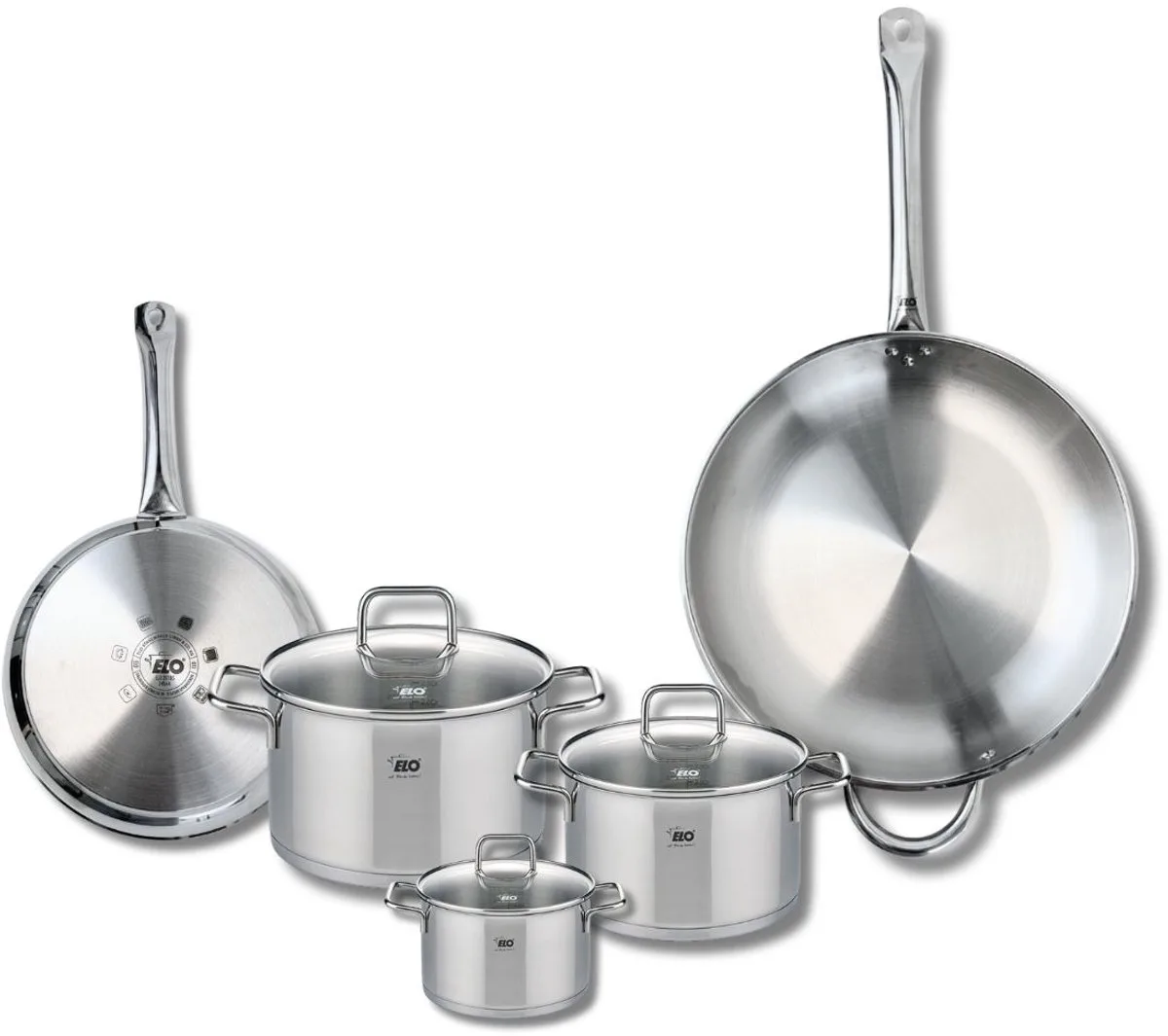 Set van 2 Koekenpannen 24 en 32 cm en 3 kookpotten 12, 16 en 20 cm Elo Profi Citrin van Fackelmann in Grijs – productfoto