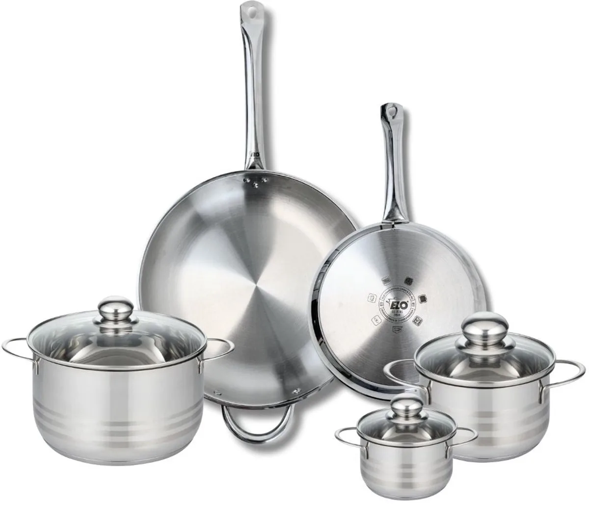 Set van 2 Koekenpannen 24 en 32 cm en 3 kookpotten 12, 16 en 20 cm Elo Profi Brillant von Fackelmann in Grau – Produktfoto