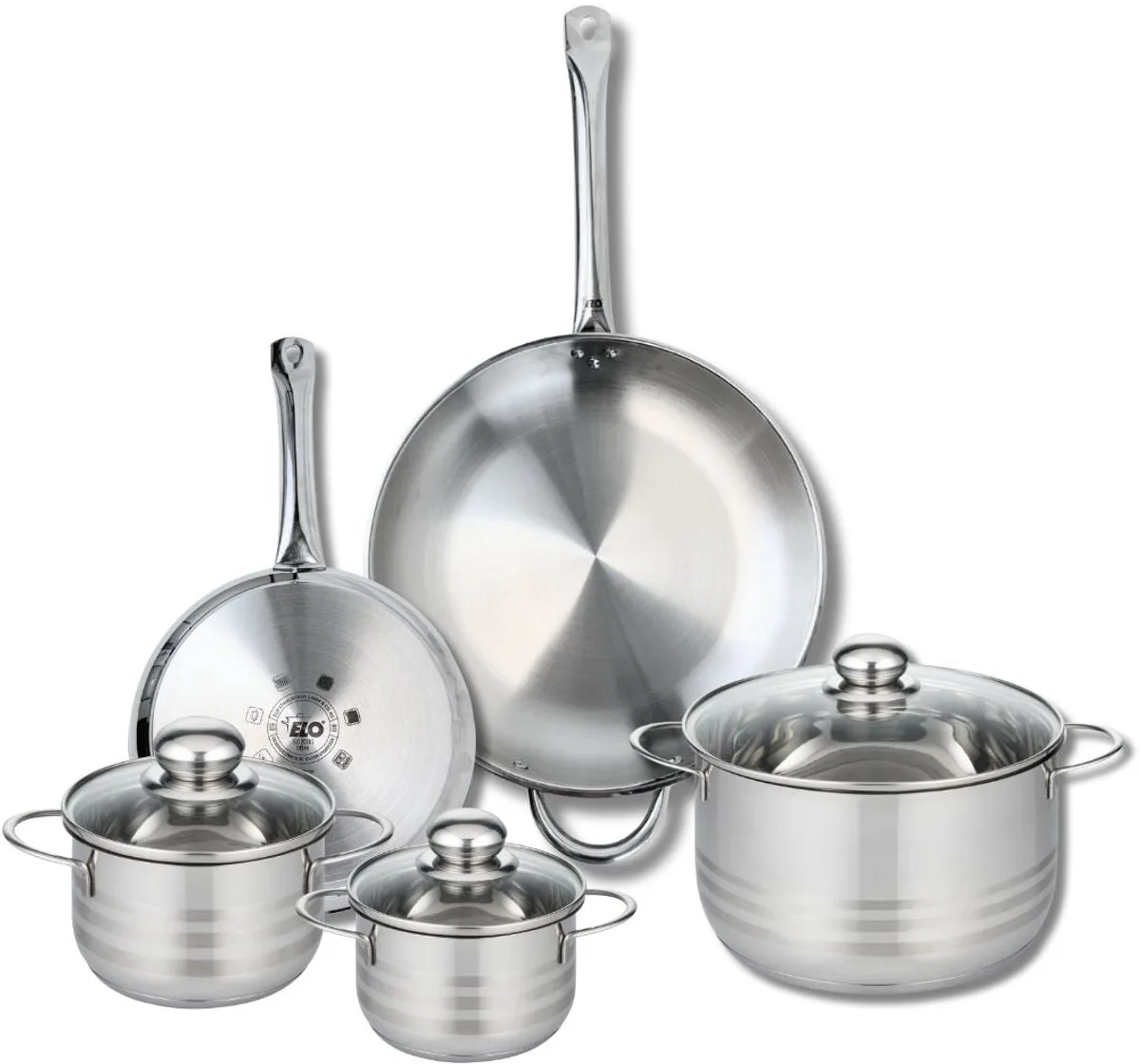 Set van 2 Koekenpannen 24 en 32 cm en 3 Kookpotten 14, 16 en 24 cm Elo Profi Brillant van Fackelmann in Grijs – productfoto